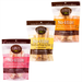Four packages of Earth Animal No-Hide dog chews in different flavors on a white background.