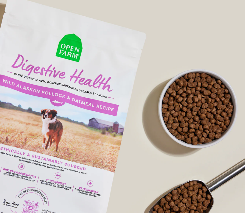 Open Farm digestive health dog food package with a bowl of kibble on a beige surface