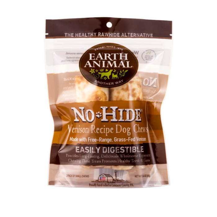 Earth Animal No-Hide Venison Recipe Dog Chews packaging on a white background