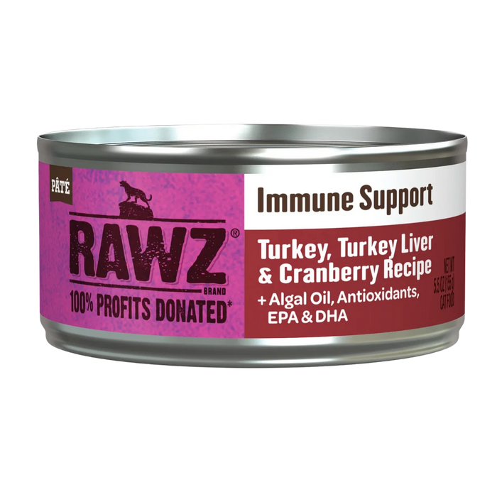 Rawz cat food can with pink label on a white background