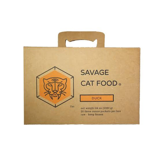 Cardboard box for Savage Cat Food on a white background