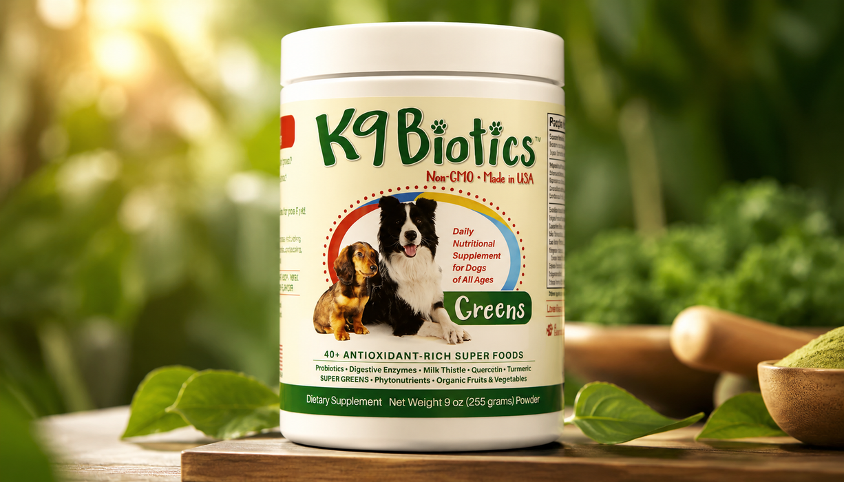 K9 Biotics Greens supplement container on a wooden surface with a natural background