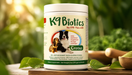 K9 Biotics Greens supplement container on a wooden surface with a natural background