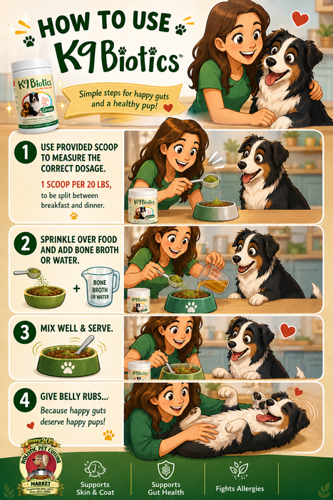 Infographic on how to use K9Biotics with a woman and her dog.