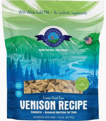 Shepherd Boy Farm Venison Recipe dog food package with scenic design