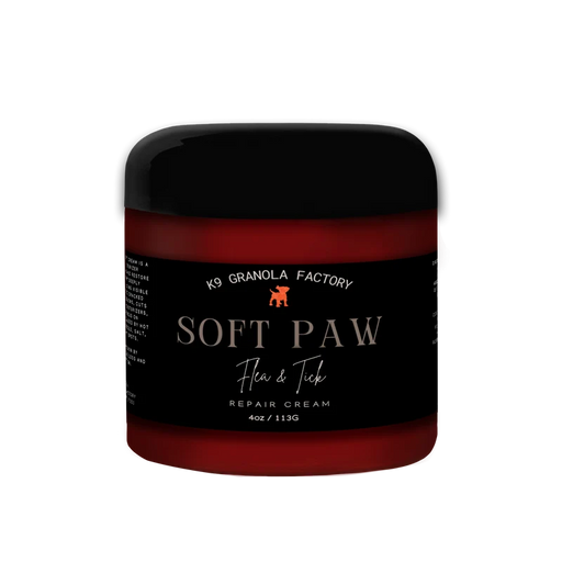 Jar of soft paw flea and tick cream with a black label.