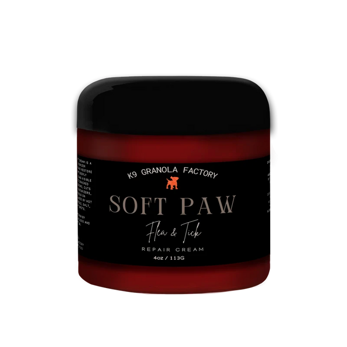 Jar of soft paw flea and tick cream with a black label.