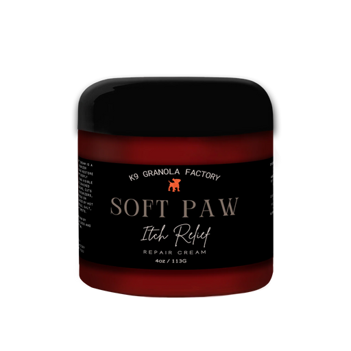 Jar of soft paw itch relief cream with a black label.