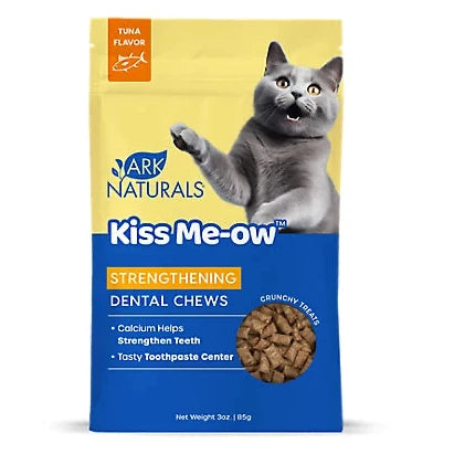 Kiss Me-ow strengthening dental chews packaging with a cat on a yellow and blue background