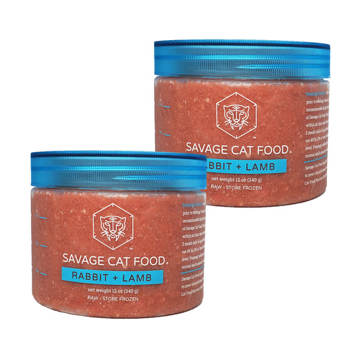 Two jars of Savage Cat Food Rabbit + Lamb soft weight pet food, displayed on a clean white background.