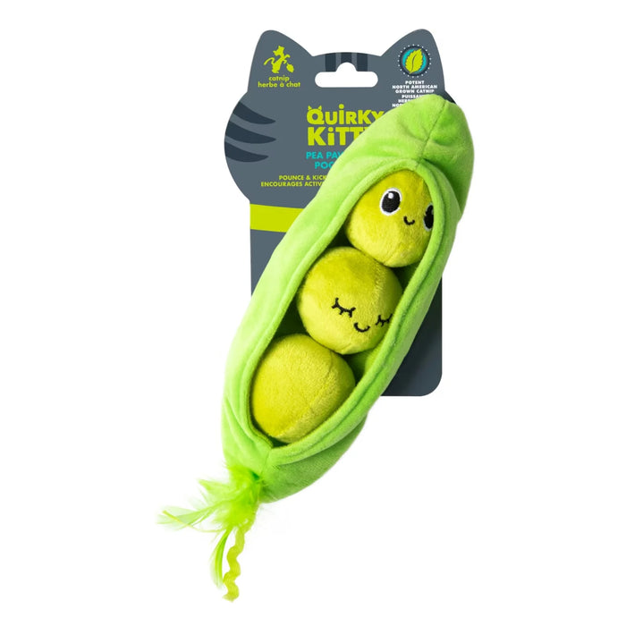 Quirky Kitty Pea Pawd catnip kicker toy shaped like a green plush pea pod with three peas, shown on retail packaging.