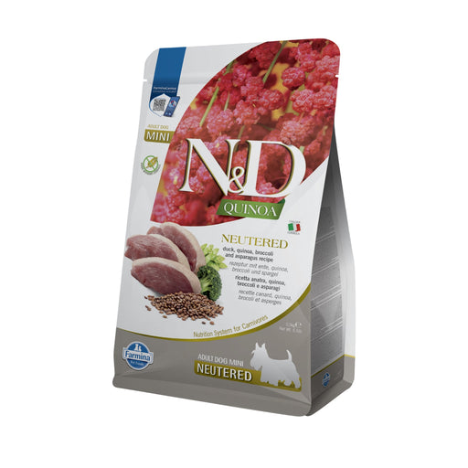 Farmina N&D Quinoa Neutered Mini dry dog food bag, duck, quinoa, broccoli and asparagus recipe, 5.5 lb